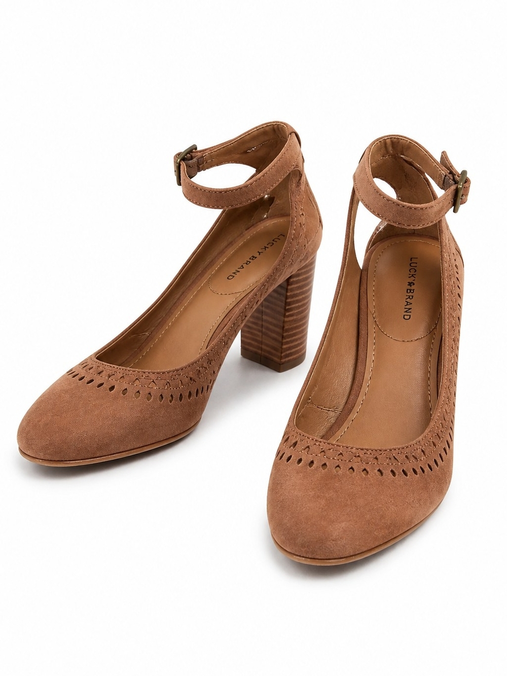 Lucky Brand Brown Suede Ankle-Strap Block Heel Pumps